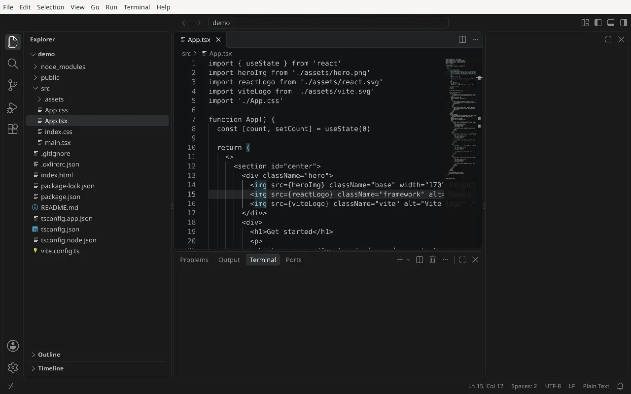 Visual Studio Code editing a React and TypeScript project, with the file explorer and the integrated terminal