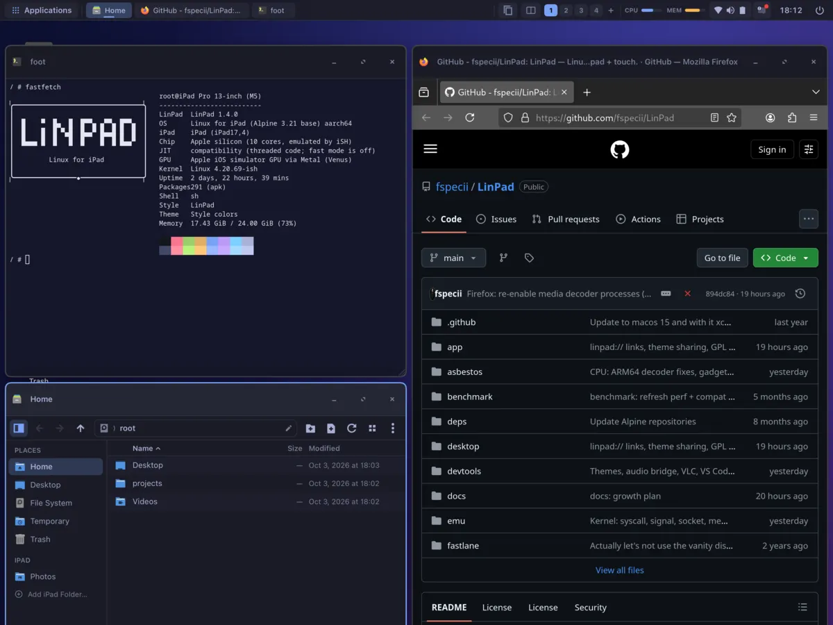 The LinPad desktop: a terminal showing fastfetch, the Files app and Firefox on the LinPad GitHub page