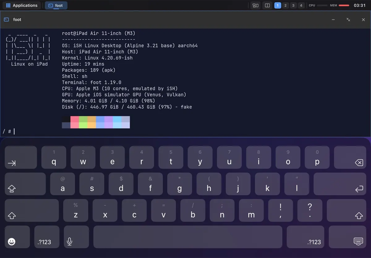 The foot terminal running fastfetch on Alpine Linux