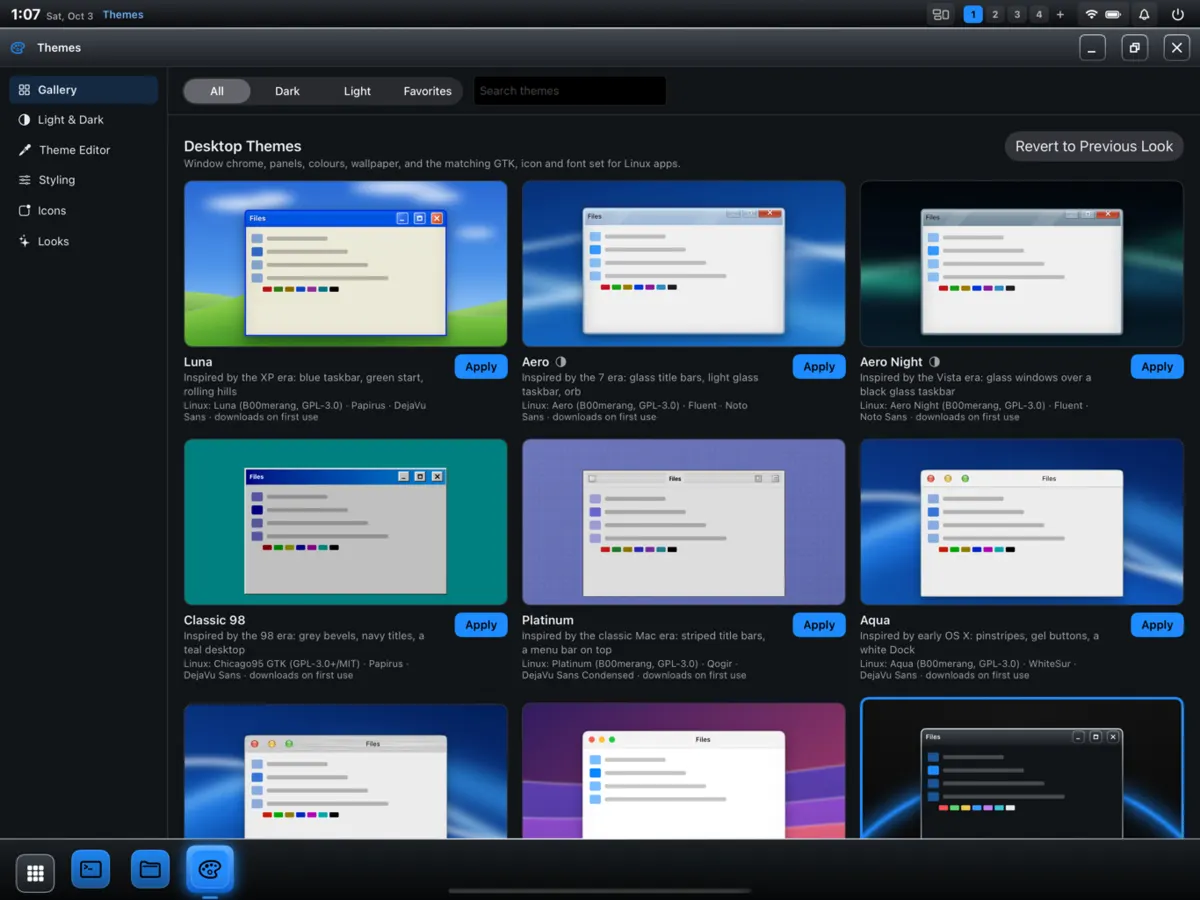 The Themes app gallery of desktop looks